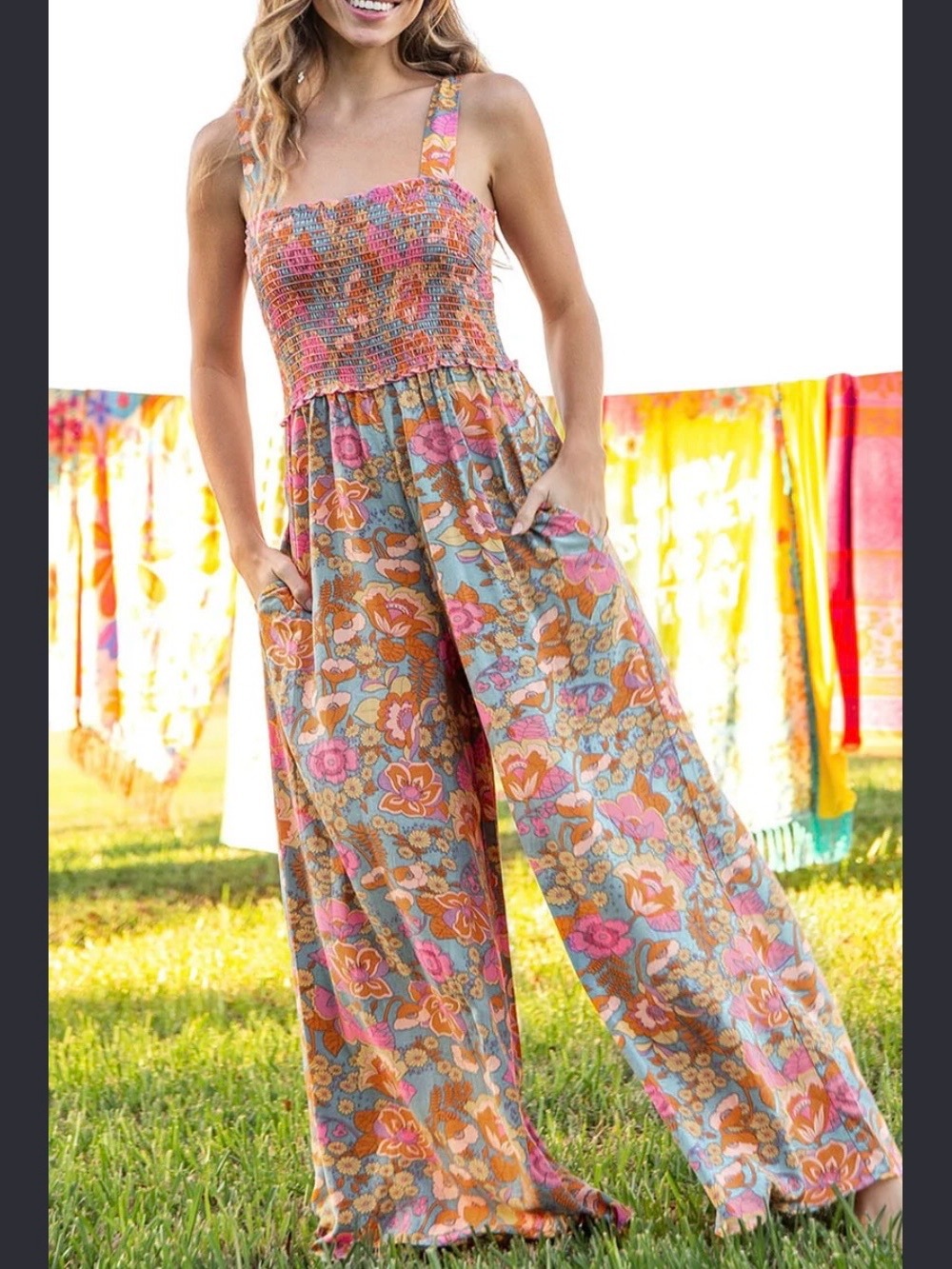 Natural Life smocked boho wide leg jumpsuit floral size M